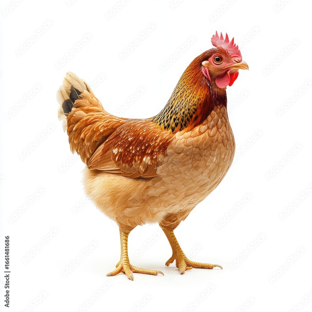 Fototapeta premium Brown hen, standing, side profile, against white