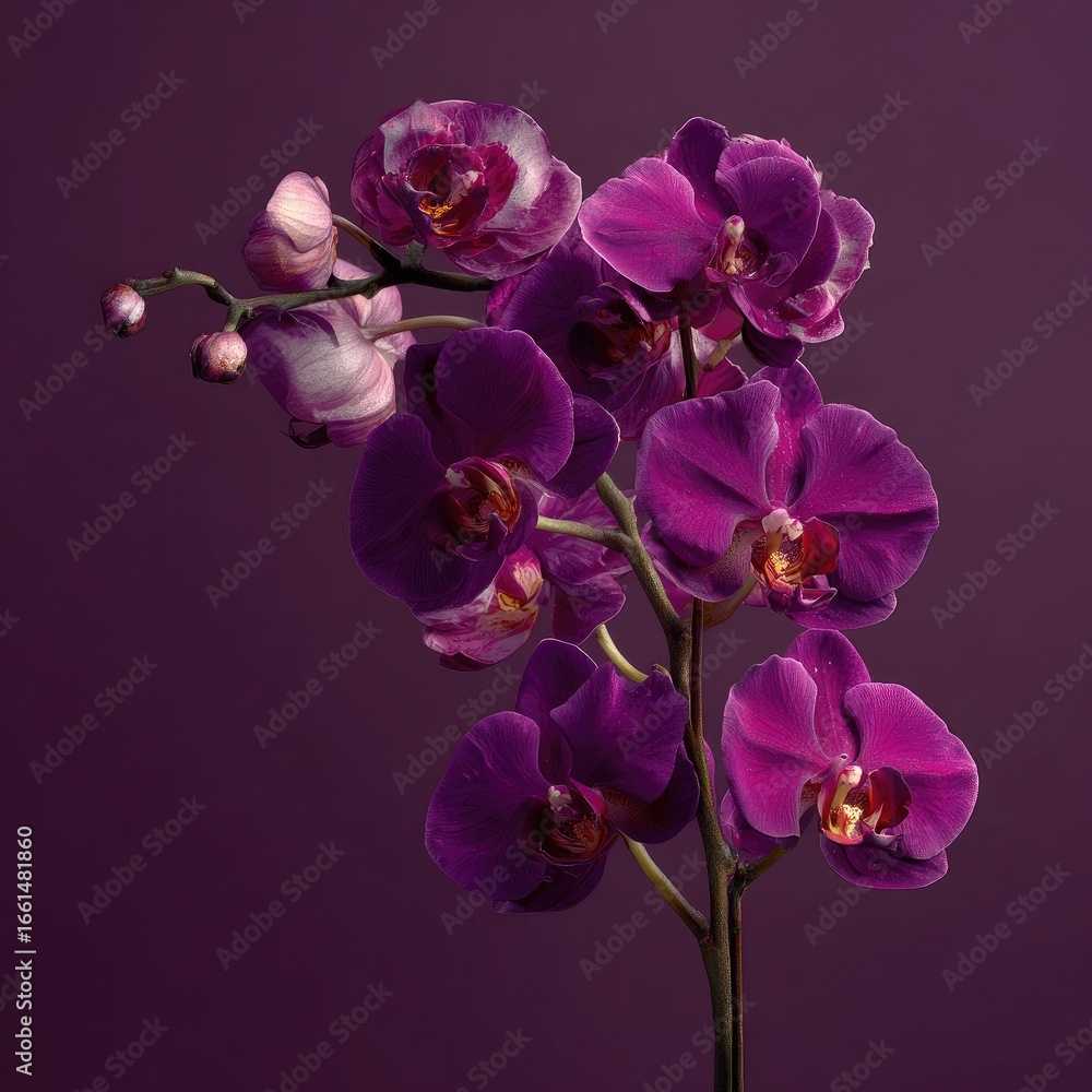 Naklejka premium Deep purple orchid blossoms against a muted plum background