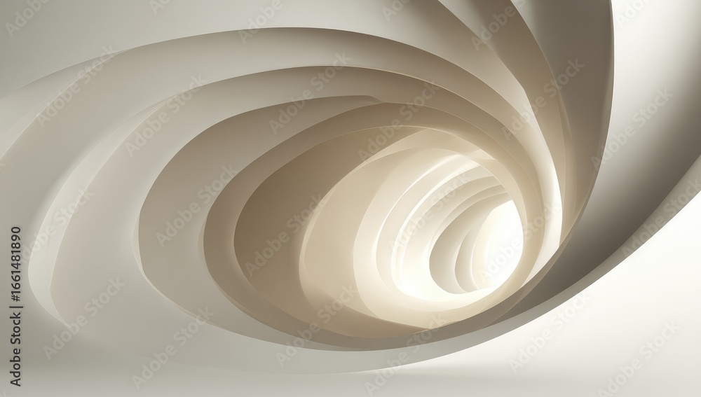 Fototapeta premium Abstract spiral tunnel of layered, light beige and white architectural forms, leading to a central light source