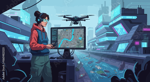 Futuristic drone operator navigating urban pollution control mission with tech interface