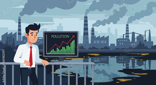 Disturbed employee reflecting on rising pollution levels near industrial zone