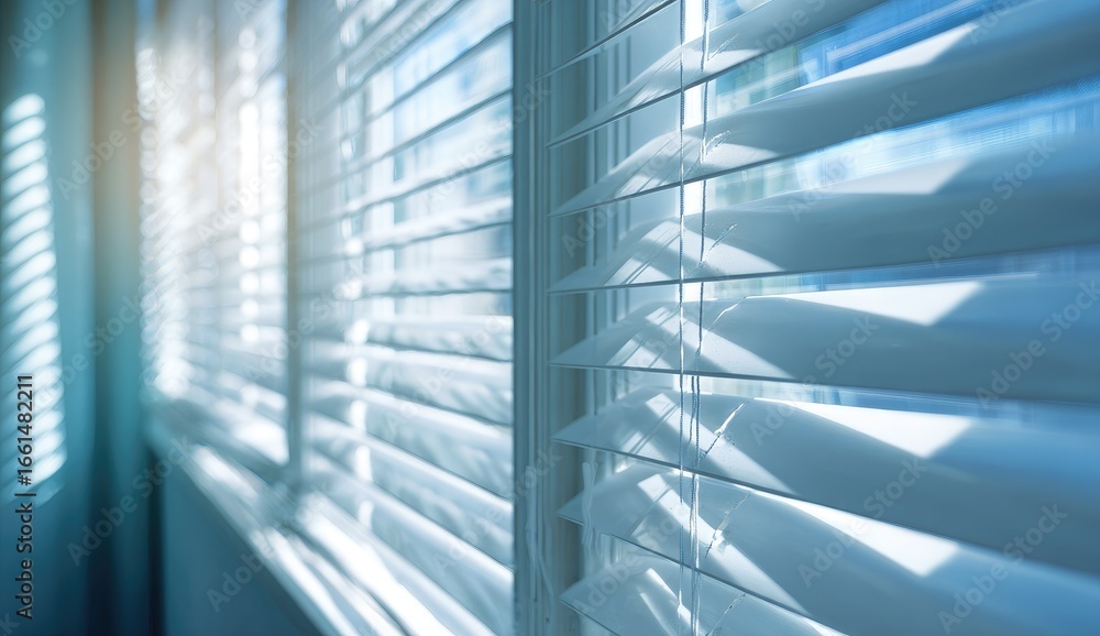 Obraz premium Close-up view of light-toned window blinds. Sunlight streams through, casting shadows