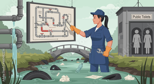 Wastewater Treatment Facility Technician Addressing Leakages and Environmental Pollution