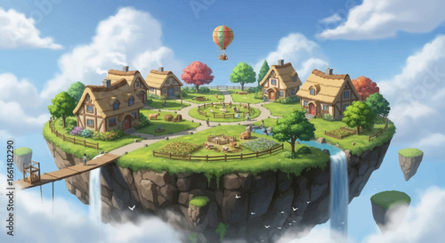 Fantasy floating island with cozy houses, gardens, and waterfall amidst fluffy clouds