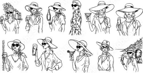 Set of sketched silhouettes La dolce vita italian sicily Amalfi style. woman Hand hold wine, beer, cocktail or champagne drawings. Sketch style bar or party Illustrations for wedding invitations, cafe