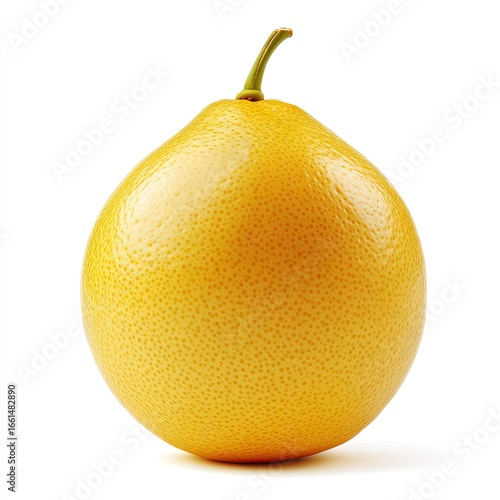 Single, bright yellow citrus fruit, stem intact, smooth skin, small dimples