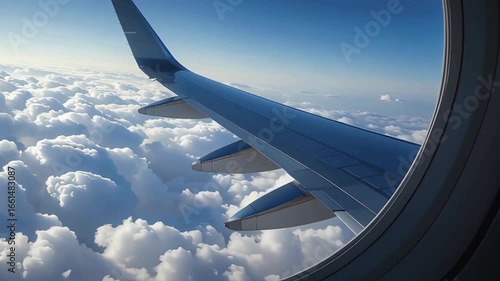 The window of an airplane, showcasing a wing extending into the distance.