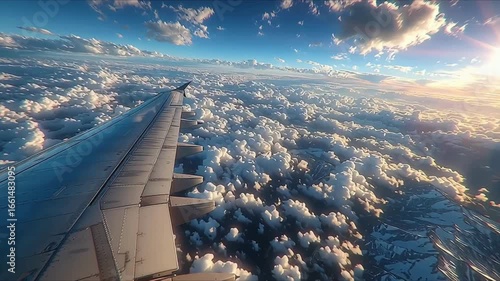 The window of an airplane, showcasing a wing extending into the distance.