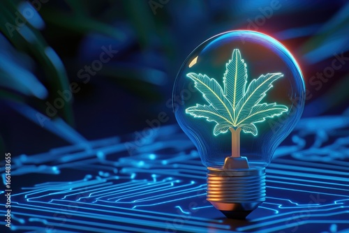 Illuminated Cannabis Leaf Inside A Lightbulb On Circuit Board
