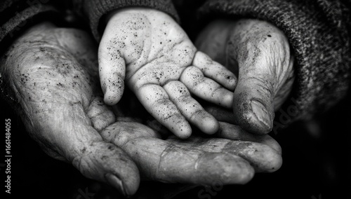 Close-up black and white image of two hands. A child's small hand rests in the large hands of an older person. The hands are weathered and show signs of work
