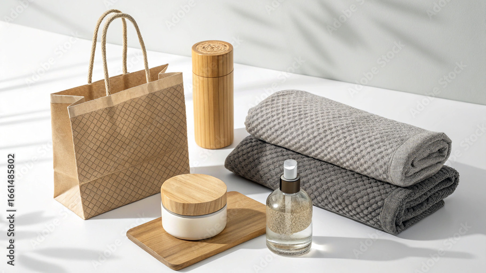 Naklejka premium A clean and minimalist product display of eco-friendly self-care items, including cosmetics and soft towels in natural tones.