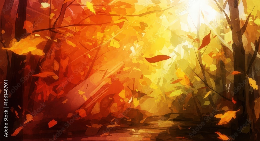 Fototapeta premium Bright sun rays fall through autumn forest trees with falling orange and yellow leaves. Fall season nature landscape for background.