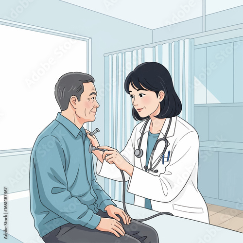 A female doctor examines an elderly patient's chest with a stethoscope in a modern medical office.