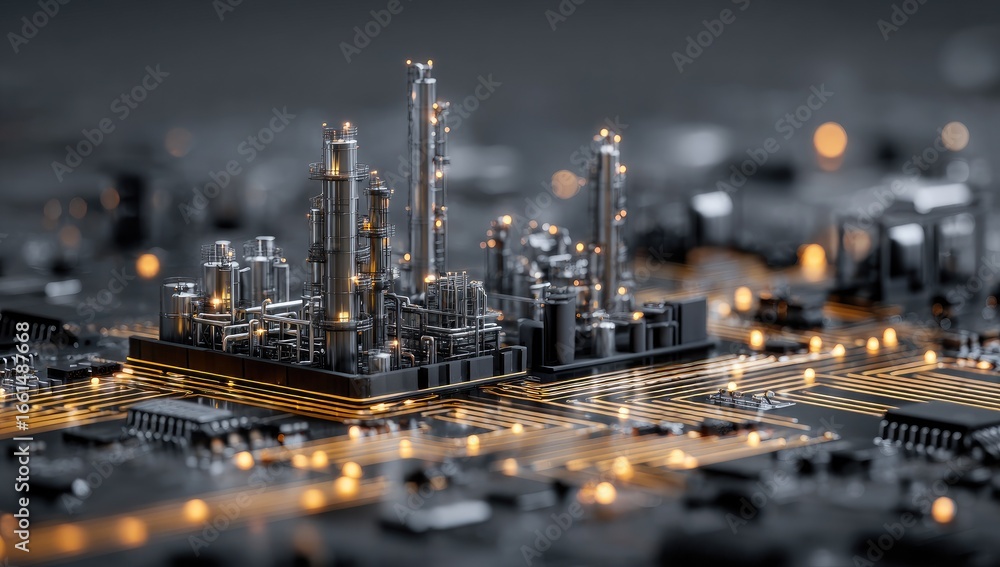 Fototapeta premium Industrial complex miniature, atop circuit board