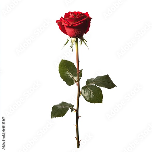 Single, vibrant red rose with dark green leaves on a long stem against a plain white background