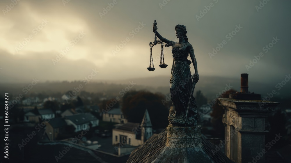 Fototapeta premium A weathered bronze statue of Lady Justice, holding scales and a sword, perched atop a building.