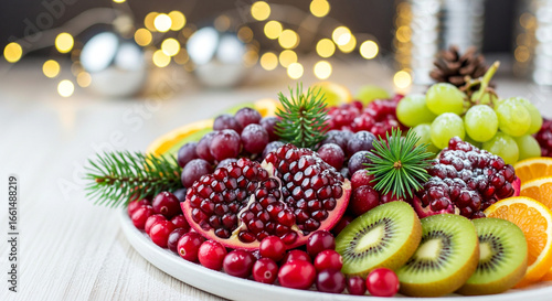 Festive holiday fruit platter with pomegranate, cranberries, kiwi, and grapes, perfect for a Christmas gathering