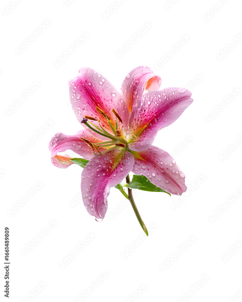 Naklejka premium A single pink tiger lily flower adorned with fresh water droplets