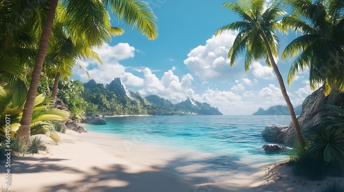 Beautiful tropical beach with palm trees and turquoise ocean high resolution picture