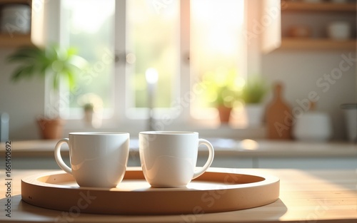 Wallpaper Mural Two white mugs on a wooden tray in a bright, sunny kitchen, ideal for morning coffee or tea, conveying warmth and home. High quality Torontodigital.ca