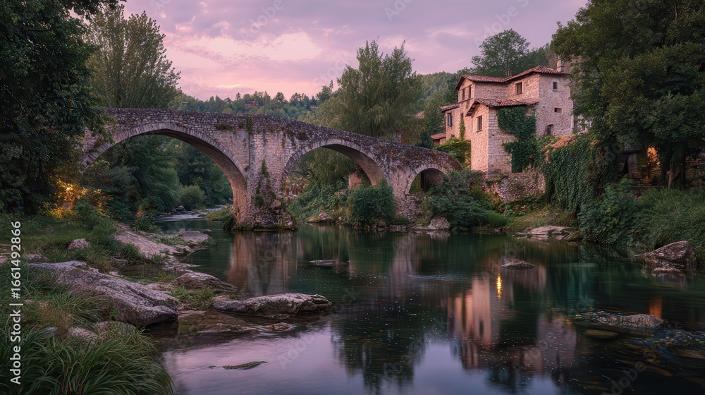 Fototapeta premium Evening tranquility in a small river town with a historic stone bridge and illuminated buildings