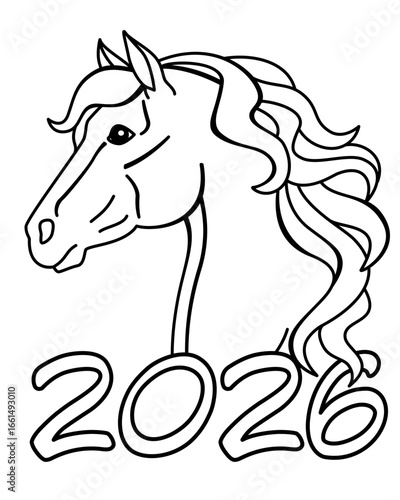 Horse head, portrait of an animal with a long wavy mane, symbol 2026 - vector linear picture for coloring or printing. Portrait of a thoroughbred stallion and the inscription 2026 for coloring