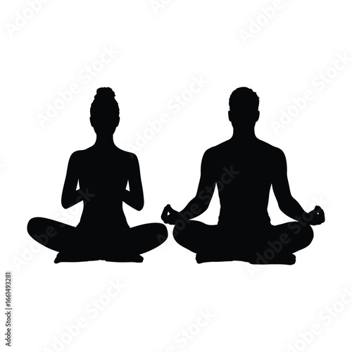 Silhouette illustration of two people meditating cross-legged with prayer and mudra gestures, symbolizing mindfulness and inner peace