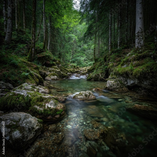 Crystal-clear stream winding through a lush forest.  Dense trees frame a tranquil waterway,  rocky banks, and moss-covered stones