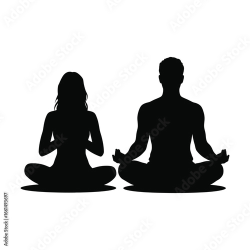 Silhouette illustration of two people meditating cross-legged with mudra gestures, symbolizing mindfulness, inner peace, and spiritual balance