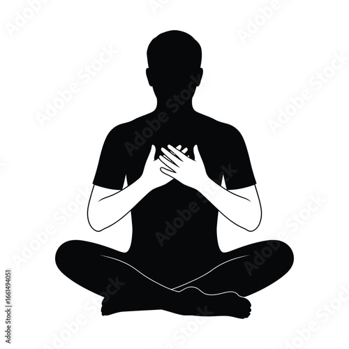 Silhouette illustration of person meditating cross-legged with hands over heart, symbolizing self-awareness, inner peace, and emotional healing