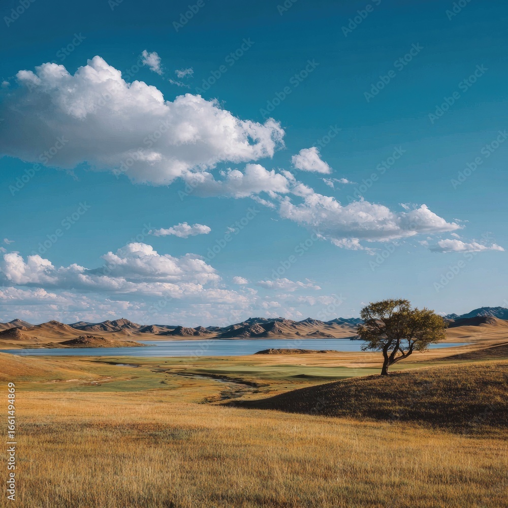 Obraz premium Vast golden plains meet a tranquil lake under a cerulean sky. A lone tree stands sentinel