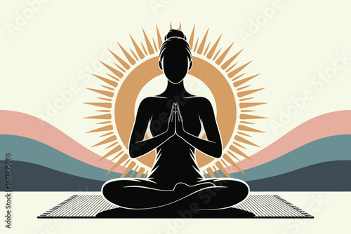 Stylized illustration of person meditating on mat with prayer hands and radiant sun, symbolizing inner peace, mindfulness, and natural harmony