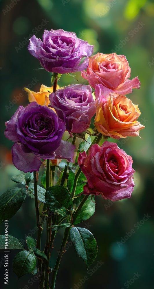 Obraz premium Vibrant bouquet of roses in various shades of purple, orange, and pink