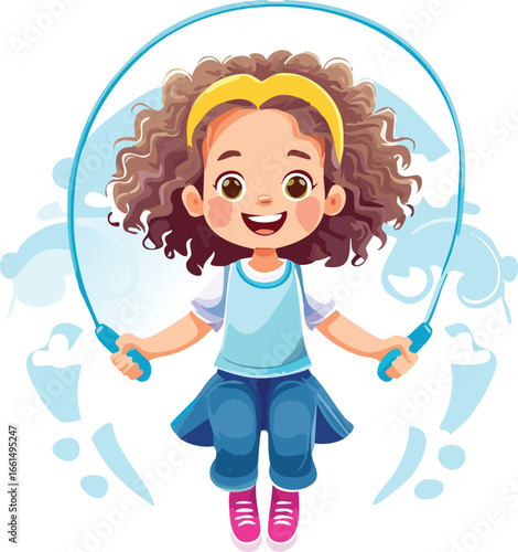A cheerful cartoon girl with curly hair joyfully jumps rope, actively playing.