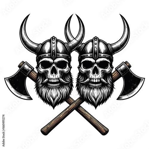 Two Viking skulls with axes graphic design