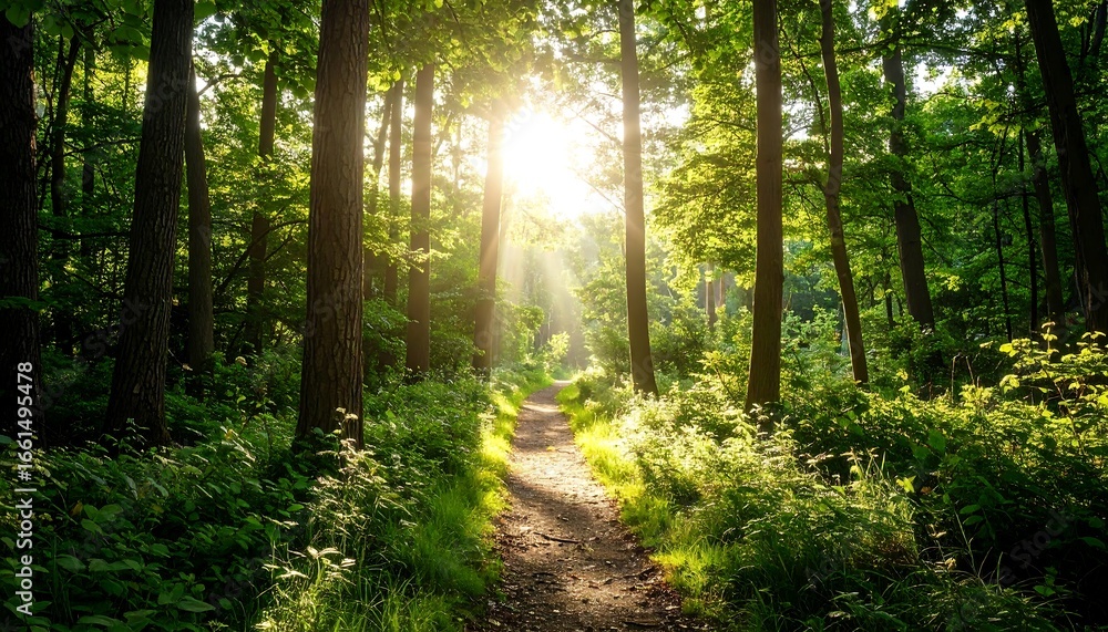 Fototapeta premium Sunlit Forest Path Natures Serene Journey with Sunshine Through Trees, and Outdoor Hiking.