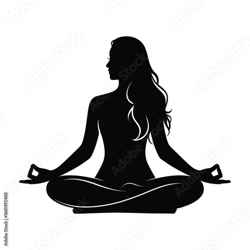 Silhouette illustration of person meditating cross-legged with long hair and mudra gesture, symbolizing mindfulness, peace, and inner clarity