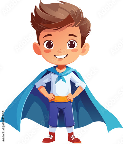 A cheerful cartoon boy dressed as a superhero with a blue cape and confident stance, ready for adventure.