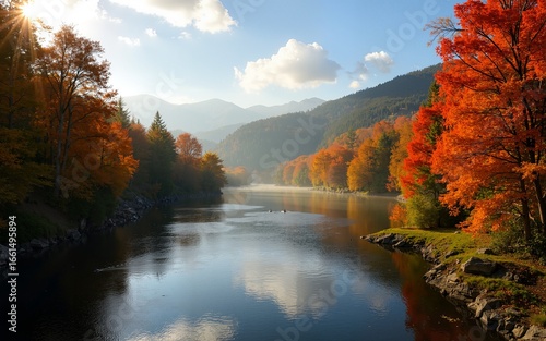 Magnificent colorful Fall day in Jacques Cartier river park, Quebec, Canada. High quality