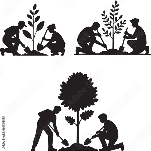 Planting trees vector silhouette environmental conservation effort