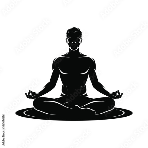 Black and white silhouette of person meditating cross-legged on circular mat with mudra gesture, symbolizing inner peace and mindfulness