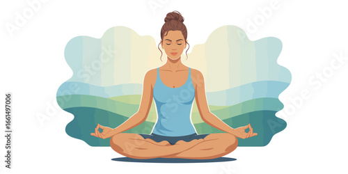 Illustration of woman meditating cross-legged in nature with layered hills and sunrise sky, symbolizing inner peace, mindfulness, and calm