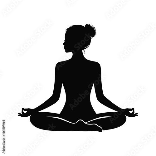 Silhouette illustration of person meditating cross-legged with hands in mudra and hair in bun, symbolizing mindfulness and inner peace