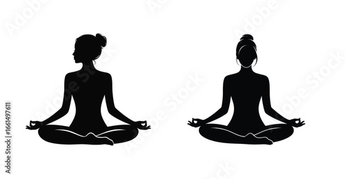 Silhouette illustration of two individuals meditating cross-legged with mudra gestures, symbolizing mindfulness, peace, and spiritual balance