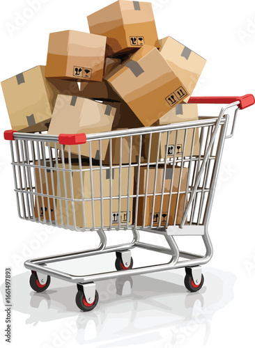Shopping cart full of brown delivery boxes symbolizing e commerce retail logistics and consumer product distribution