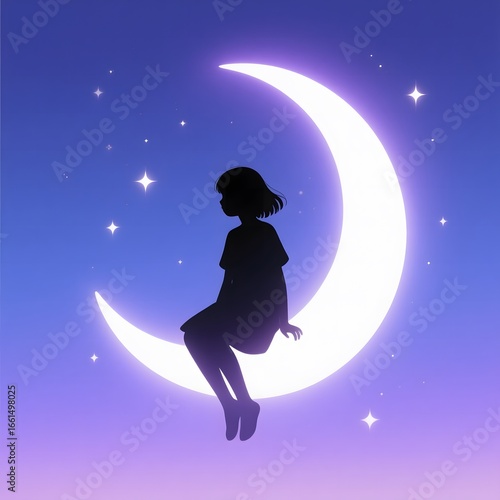 silhouette of a girl on a moon