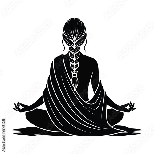 Silhouette illustration of person meditating cross-legged with braided hair and draped garment, symbolizing inner peace and spiritual clarity