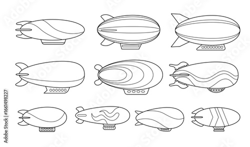Set of passenger airship outline set collection, Bright colored cigar shaped balloons retro zeppelin with stripes cabins, mechanical flying airship, huge balloons tourism, Airship doodle coloring book