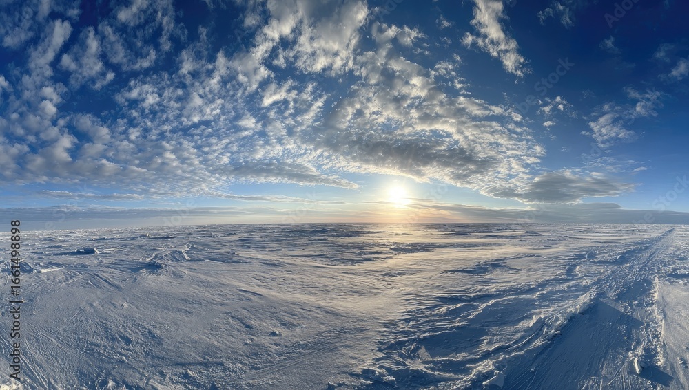 Naklejka premium Wide expanse of arctic snowscape under a vibrant sky