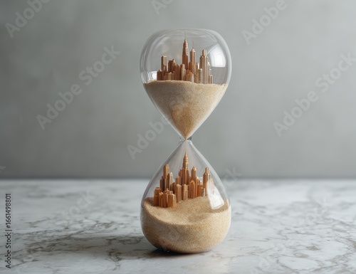 Hourglass with miniature city nestled within, showcasing the passage of time
